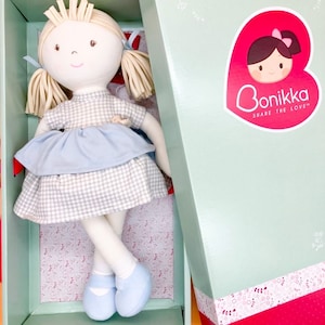 wunderschöne Personalisierte Stoffpuppe 38cm mit Namen Bonikka Baby Kind Geschenk Geburtstagsgeschenk zur Geburt, Taufe, erste Baby Puppe blonde Haare