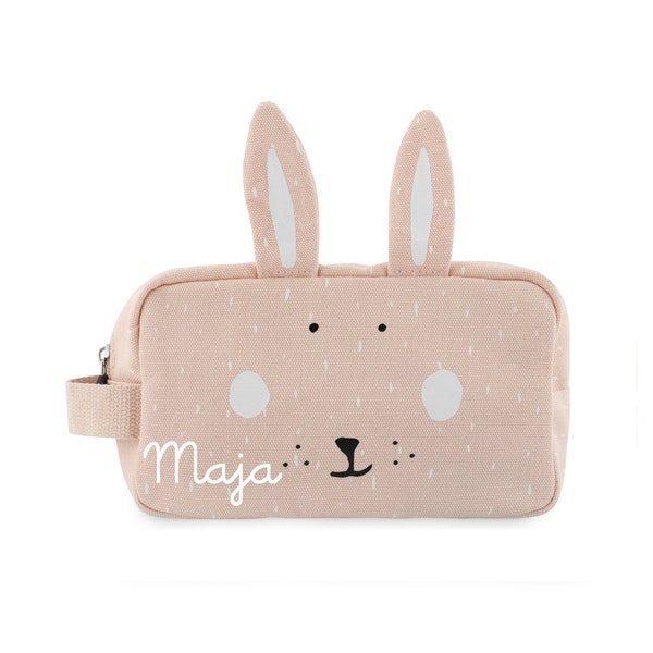 Kulturtasche mit Namen Trixie Hase für Kinder, Kulturbeutel Waschbeutel Tasche für Utensilien Urlaub Reisetasche für Kinder personalisiert