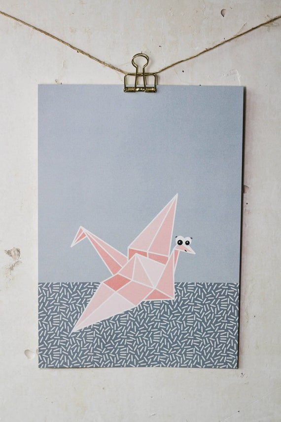 Origami Swan Poster Recycled Paper Blue Pink A4 Minimalist Geometric