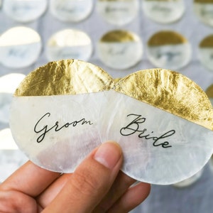 Capiz Shell Wedding Place cards Circle cut Calligraphy Gold leafing Gold Leaf