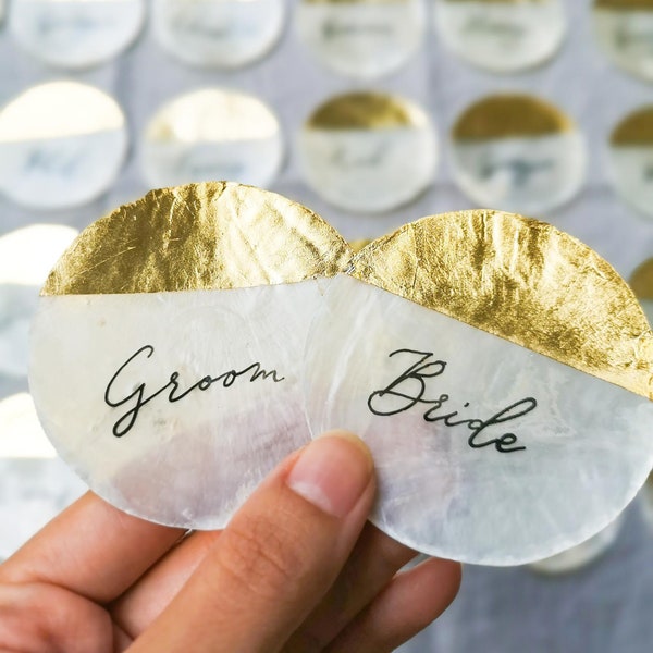Capiz Shell Wedding Place cards | Circle cut | Calligraphy + Gold leafing