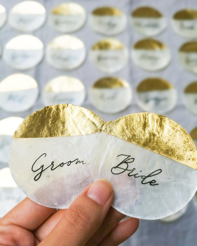Capiz Shell Wedding Place cards Circle cut Calligraphy Gold leafing Gold Leaf