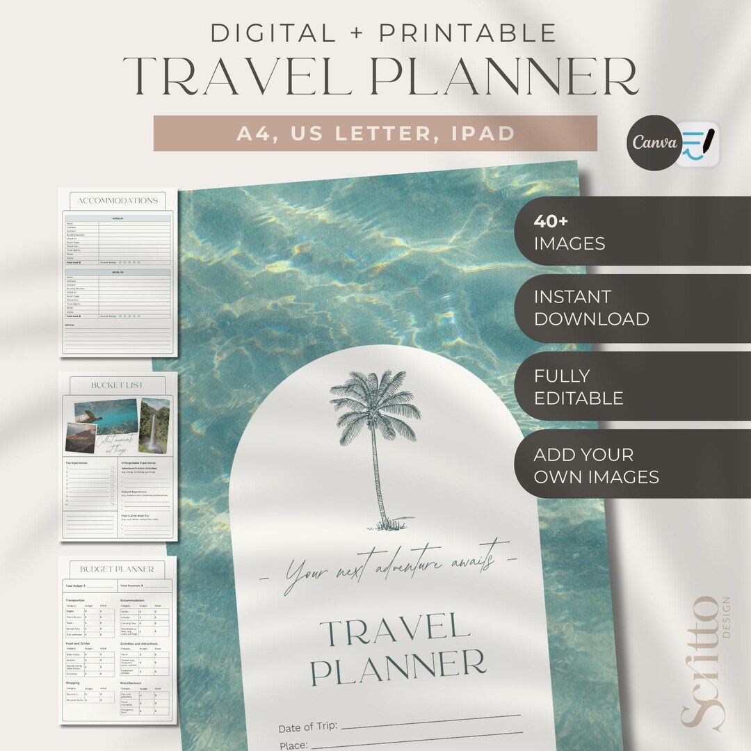 Digital Travel Planner Printable Travel Guide Canva Template
