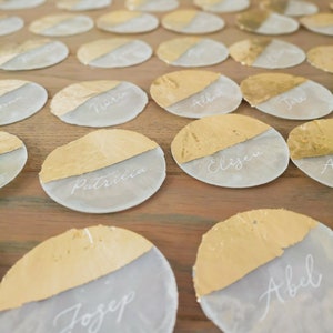 Capiz Shell Wedding Place cards Circle cut Calligraphy Gold leafing image 3