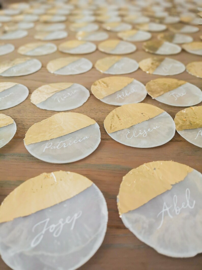 Capiz Shell Wedding Place cards Circle cut Calligraphy Gold leafing image 3