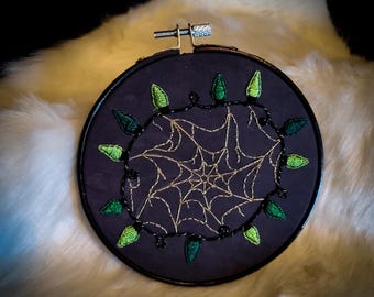 Sparkly Spiderweb Embroidery Hoop Art: Green String Lights, 5 inch