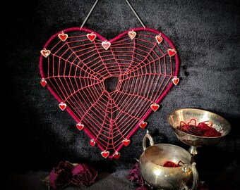 Sparkly Red Heart Web - Woven Wall Decor with Heart Charms