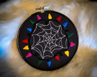Hand Embroidered Spider Web Hoop Art, Sparkly String Lights (5 inch)