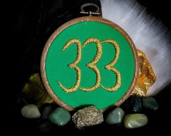 333 Embroidery Hoop Art, Gold Thread on Green Fabric