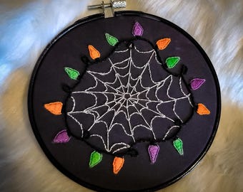 Hallows Web: Embroidered Spiderweb Hoop Art with String Lights