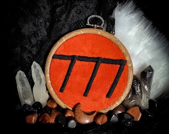 777 Embroidery Hoop, Burnt Orange Suede, Lucky Number