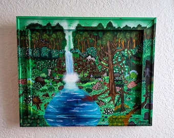 13.5x17" Framed Acrylic Painting on Canvas, Spooky Forest Painting, Suspicious Forest Painting