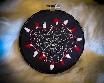 Candy Web Embroidery Hoop, Red & White Lights, Sparkly Spiderweb
