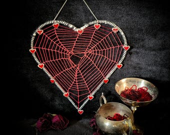 Woven Heart Spider Web Wall Hanging: Red, Black, and White with Heart Charms