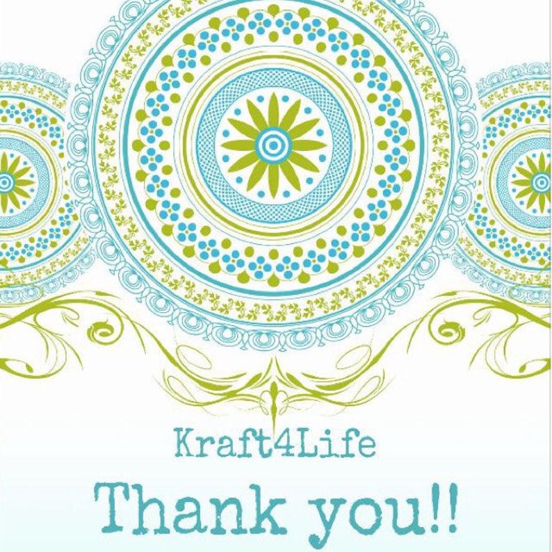 May include: A white card featuring three circular mandala-style patterns in shades of lime green and bright blue. Below the patterns, the text reads Kraft4Life followed by the words Thank you!! in a light blue, decorative serif font.