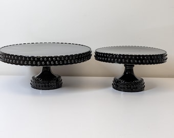 Set of 2 L.E. Smith Black Hobnail Glass Pie Cake Pedestal Cake Plate Stand 2004
