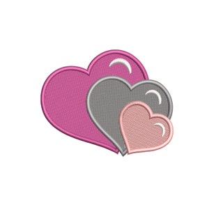 Könnte beinhalten: Drei überlappende Herzen in den Farben Pink, Grau und Pfirsich. Die Herzen sind in einer Gruppe angeordnet, wobei das größte Herz hinten und das kleinste Herz vorne liegt.