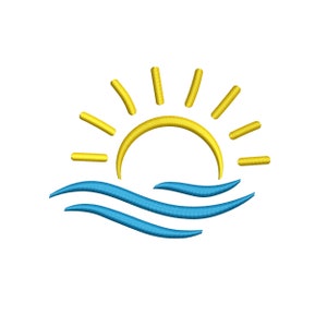 Op de afbeelding: Een gele zon met stralen en een blauw golfpatroon. Deze afbeelding is een eenvoudige illustratie van een zonsondergang boven de oceaan.