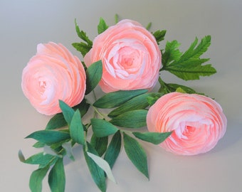 3 camelia pink paper ranunculus for home decor, gift for her, bridal bouquet
