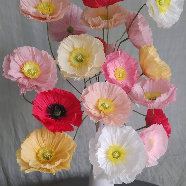 Coquelicots en papier faits à la main, Décoration écologique, Fleurs en papier durables