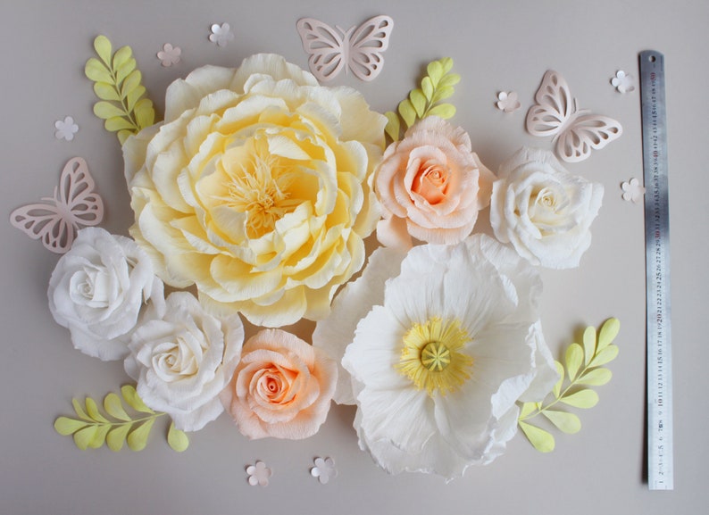 Set of large paper flowers in white yellow orange for child wall decor, girl room wall decor image 5