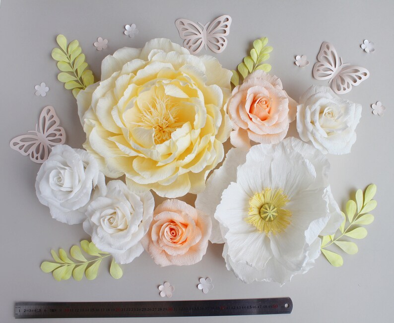 Set of large paper flowers in white yellow orange for child wall decor, girl room wall decor image 6