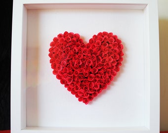 Heart made of miniature paper roses in a shadow box, gift for her