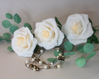 3 white paper roses for floral arrangement, wedding bouquet