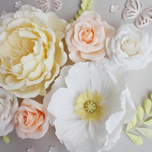 Set of large paper flowers in white yellow orange for child wall decor, girl room wall decor image 2