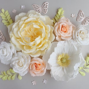 Set of large paper flowers in white yellow orange for child wall decor, girl room wall decor image 1