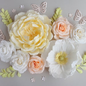 Set di grandi fiori di carta in bianco giallo e arancione per la decorazione della parete della stanza del bambino, decorazione della stanza della ragazza