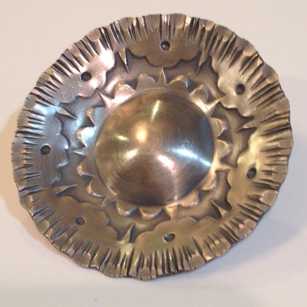 Vintage round pewter brooch designed and carved geometric style hallmarked made in Denmark 225 JYDE-KUNST circa 1970's.