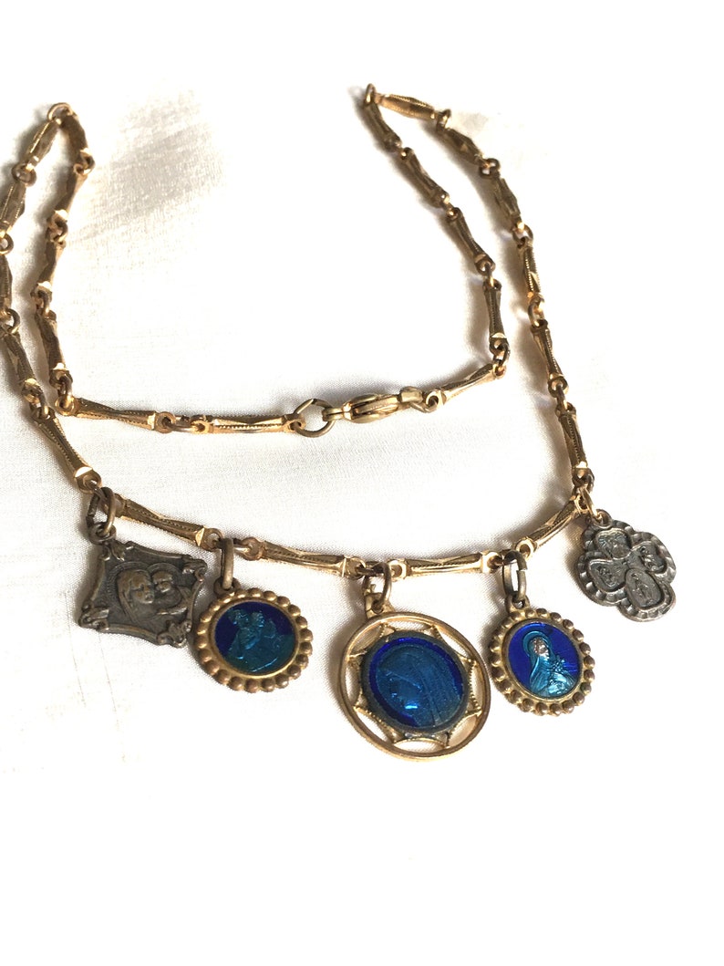 Vintage Choker with charm religious Medallions in 17 inch chain with 5 antique medals from the 1940\u2019s