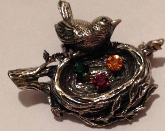 Vintage Bird Pin on Nest by Napier marked Sterling