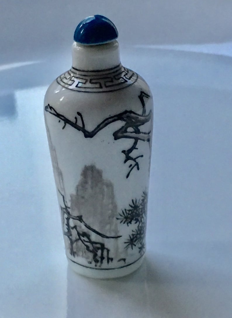 Circa 1960\u2019s Vintage Chinese import hand painted ceramic snuff bottle a scenery of mountains and trees and a big bird In black and white