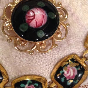 Victorian revival handpainted floral design bracelet and brooch. circa 1950's image 3