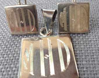 Vintage sterling silver monogrammed pendant and earrings jewelry hallmarked mexico 925