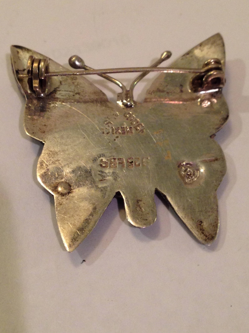 circa 1960 vintage sterling silver inlay abalone butterly brooch hallmarked hecho in mexico 925 EBS