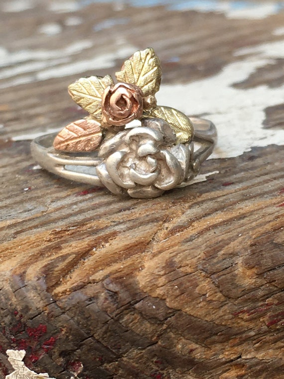 Vintage sterling and two color gold floral ring s… - image 2