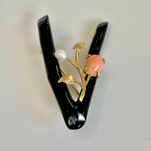 Vintage pre owned royal hawaiian black coral brooch 14k yg leaves small pearl and salmon coral cabochon. Circa 1970’s