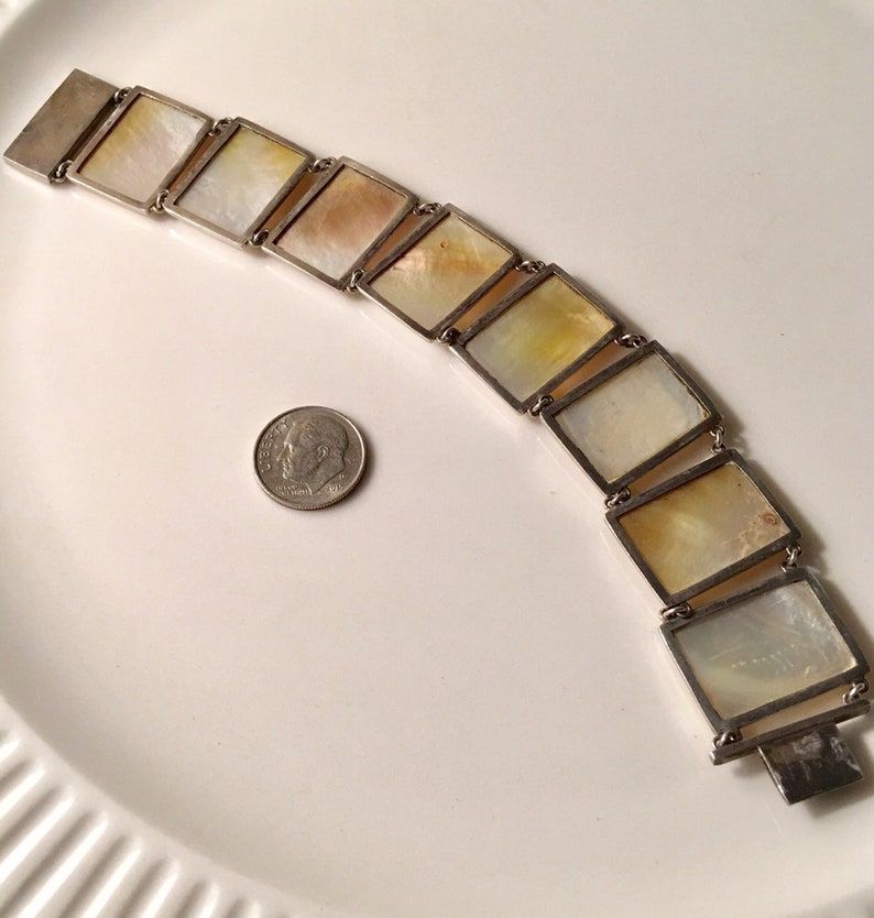 Vintage artisan mother of pearl square link bracelet in sterling with heart lock no hallmark circa 1950\u2019s