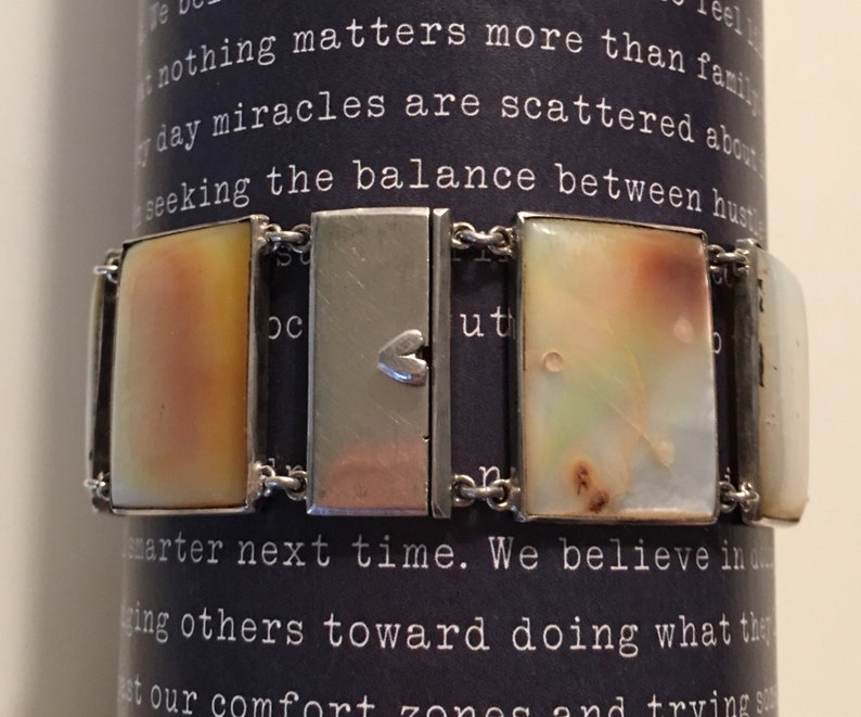 Vintage artisan mother of pearl square link bracelet in sterling with heart lock no hallmark circa 1950\u2019s