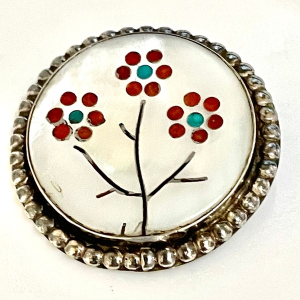 Vintage Zuni sterling brooch mother of pearl floral design brooch pin inlaid with turquoise and coral beads no makers hallmark circa 1950’s