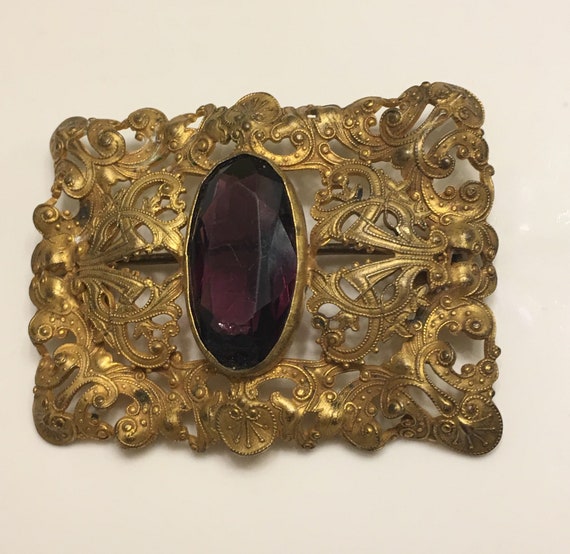 Art nouveau ornate brass brooch or belt buckle wi… - image 1
