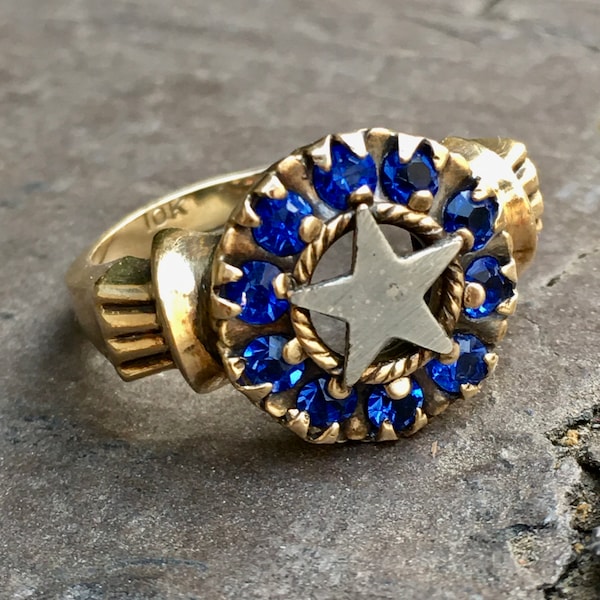 Vintage 10k rosegold blue sapphires Glass stones with aluminum star hallmarked 10k P.S.CO. Circa 1940’s