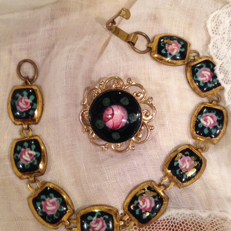 Victorian revival handpainted floral design bracelet and brooch. circa 1950's image 2