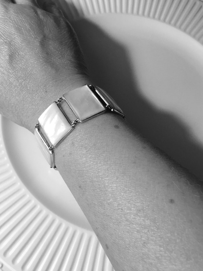 Vintage artisan mother of pearl square link bracelet in sterling with heart lock no hallmark circa 1950\u2019s