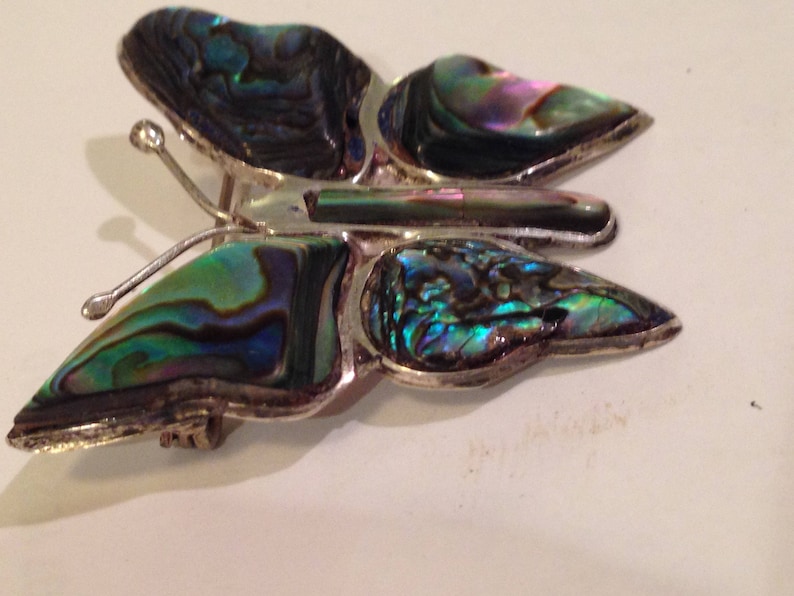 circa 1960 vintage sterling silver inlay abalone butterly brooch hallmarked hecho in mexico 925 EBS