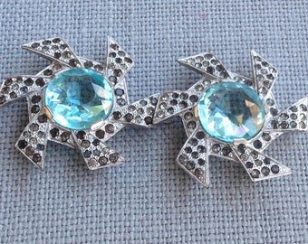 antique art deco dress belt buckle, Vintage 30s Belt Buckle pewter inlaid with rhinestones and two blue glass stones. circa 1930