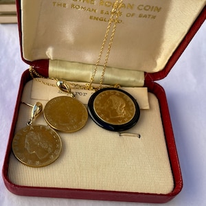 Vintage gold filled Roman coin Jewelry set 18 inch necklace and earrings circa 1970’s